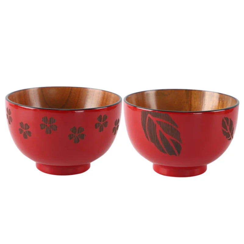 Деревянная посуда в японском стиле чаши с красным цветочным рисунком листьев