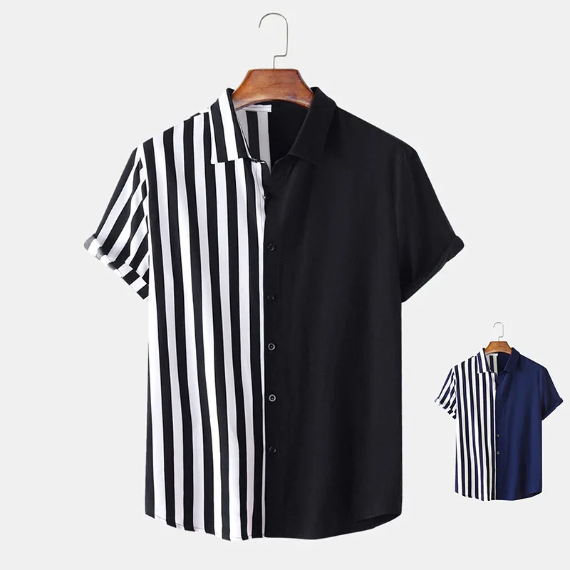 

2021 Summer NewLapel Short Sleeve Men's Two-Color Stripe Print Leisure Chemise Homme