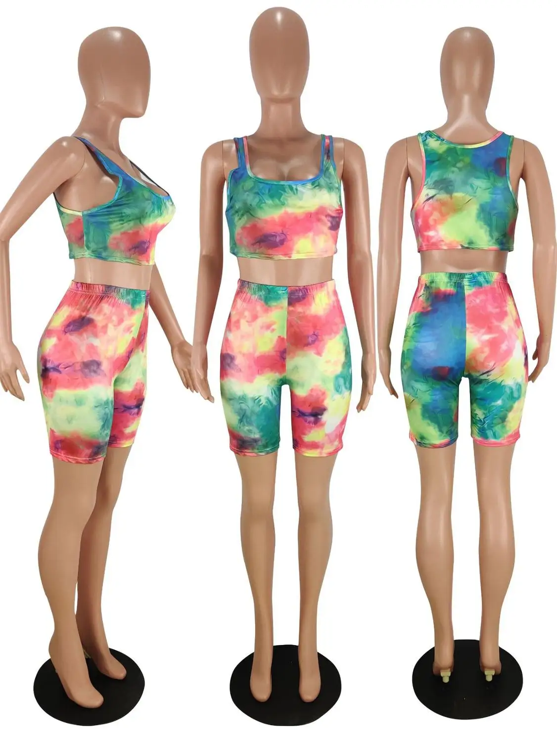

New tie dye multi-color sports two piece set fashionable casual print square neck vest and shorts women's set