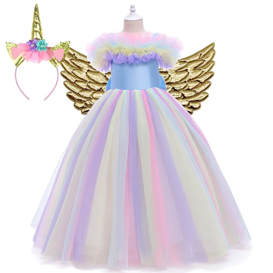 

Kids Princess Costume Children Summer Birthday Straps Gown Little Girls Unicorn Evening Rainbow Vestidos Party Big Bowknot Dress