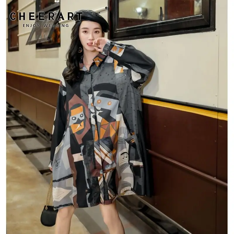 Дизайнерское платье рубашка CHEERART женское свободное большого размера с цветными