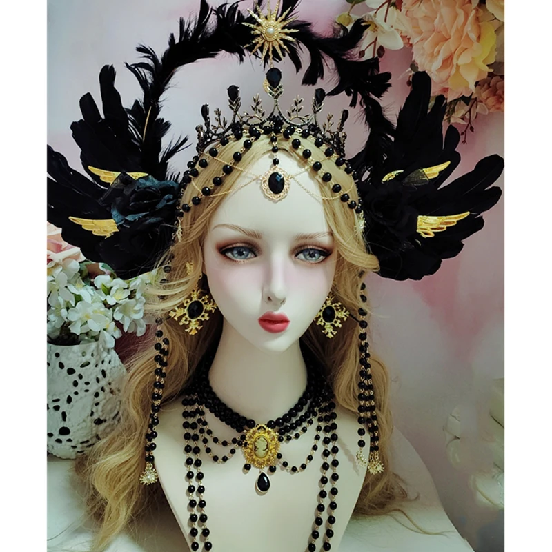 

Головной убор Lolita KC Halo Готическая богиня Мэри с бусинами цепочка Черная роза Крылья Ангела KC головной убор Корона