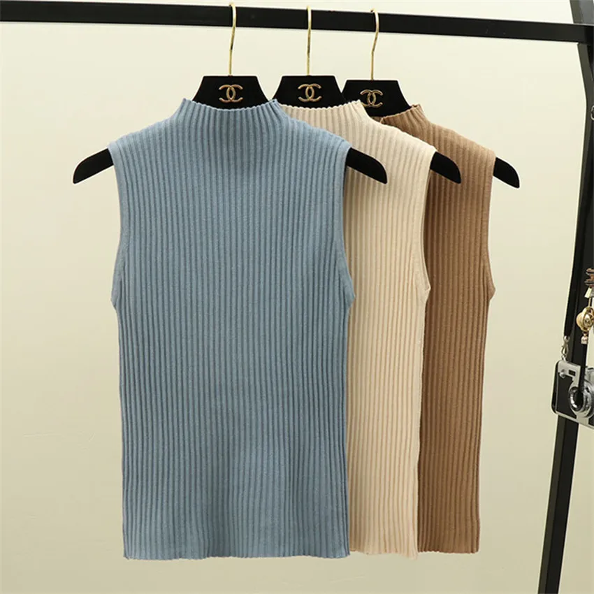 Женская однотонная водолазка трикотажная облегающая футболка без рукавов