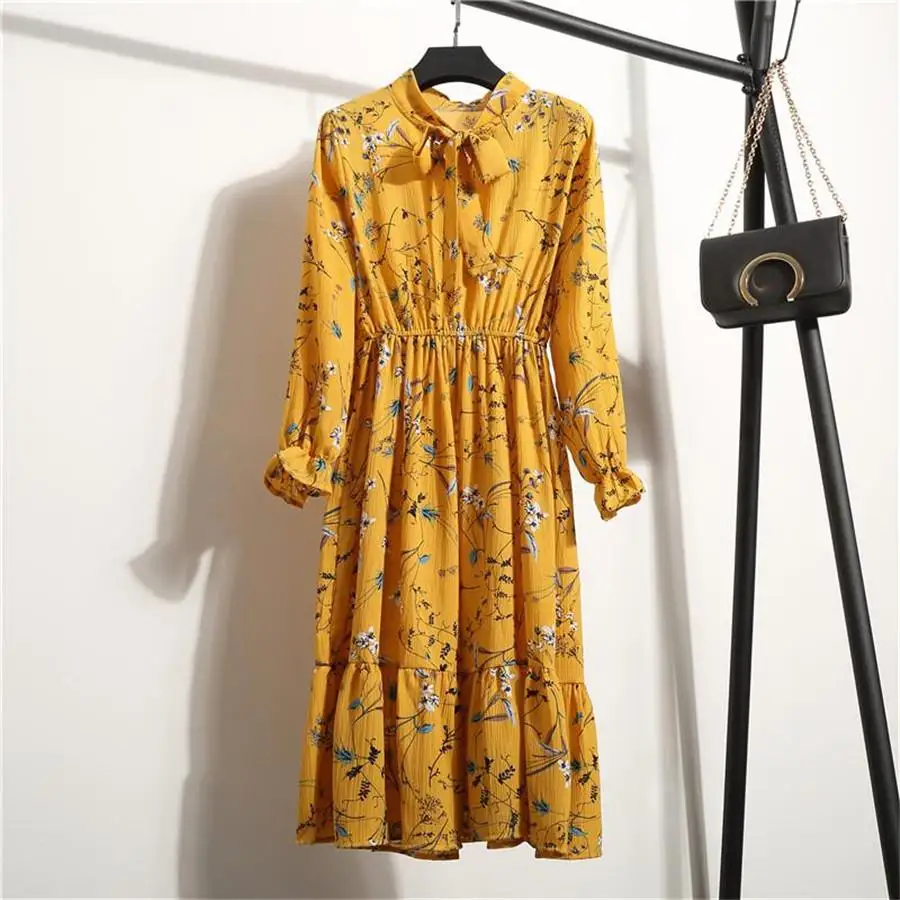 

2019 Spring summer Women's Chiffon Dresses Stand Neck With Bow Floral Print Ruffles Vestido Long Sleeve Elegant Cute Dress S-XL