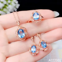 kjjeaxcmy fine jewelry 925 sterling silver inlaid natural blue topaz female ring pendant earring set luxury supports test