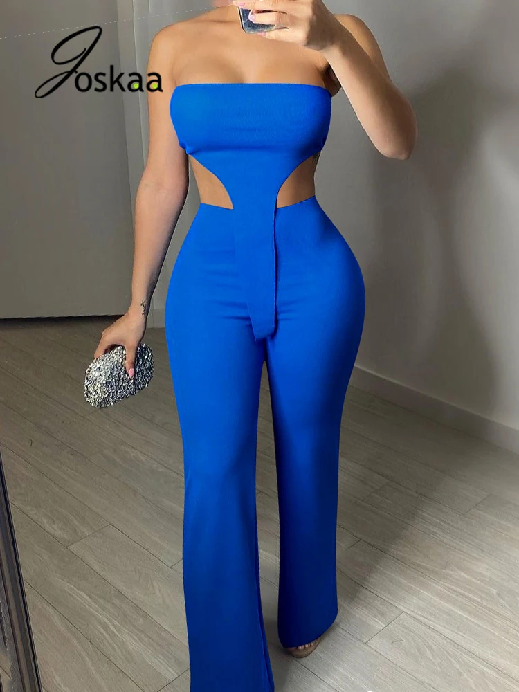 

Joskaa Solid Blue OL Office Workwear Two Pieces Set For Summer Women Strpless Crop Top And Leggings Matching Tracksuit 2021 Sets