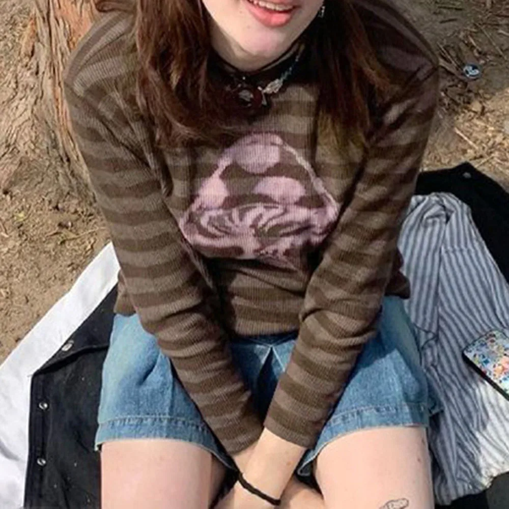 

Autumn New 2021 Casual High Street Stripe Round Neck Long Sleeve Women T-Shirt Mushrooms Printing Fashion Hipster Design