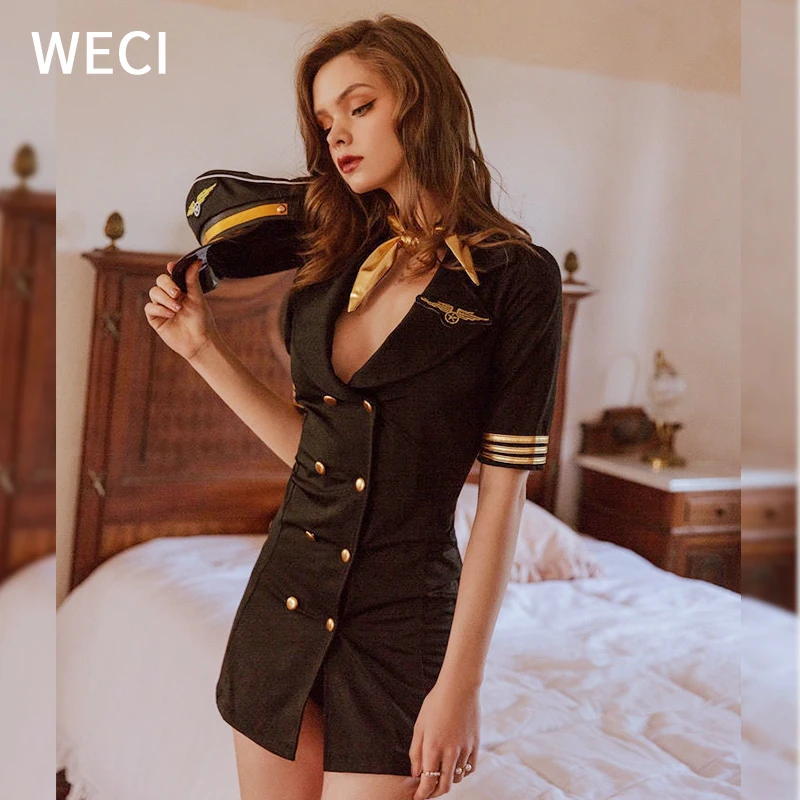 WECI Police Women Cosplay Stewardess Costume Army Officer Uniform Sexy Outfit Air Hostess Dress Role Play Suit Halloween Clothes