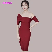 2022 summer french temperament one shoulder strapless red dress office lady knee length
