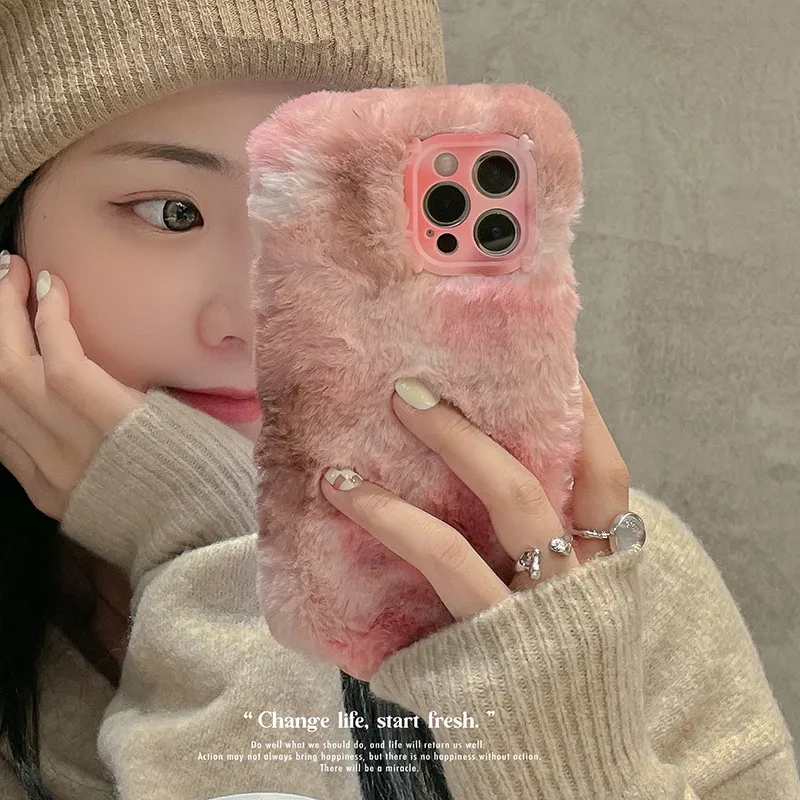 

Rainbow Fashion Gradient Plush Phone Case For Iphone 12 Pro Max MiNi 11 XR X XS 7 8 Plus SE 2 Soft Silicone All inclusive Cover