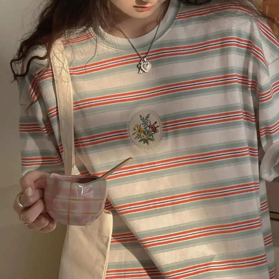 

Short Sleeve T-shirts Women Striped Preppy Style Student Leisure Daily Loose All-match Vintage Top Korean Version Female Clothes