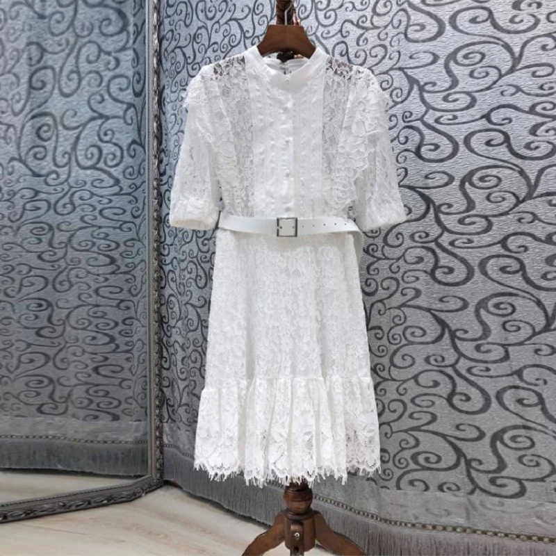 

Женское кружевное вечернее платье, элегантное приталенное платье-трапеция с коротким рукавом, пуговицами, поясом и оборками, Белое и черное...