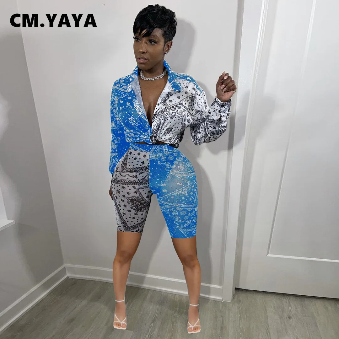 Женский комплект с принтом пейсли CM.YAYA блузка длинным рукавом и шорты из двух