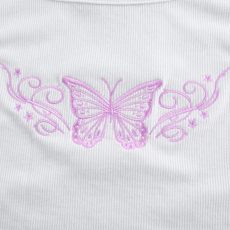 

2020 Summer Butterfly Embroidery Women Sleeveless T-shirt Tops Summer Sleeveless Casual Short Top Ladies White Fashion Mini Vest