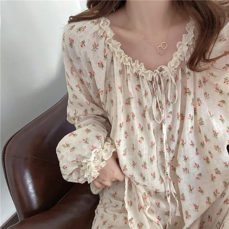 

korea style cute floral print sleepwear 2 piece set home clothes women cotton pajamas set long sleeve ruffles top pants Y159
