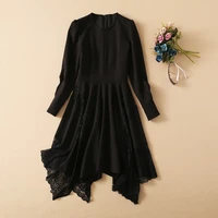 new 2021 spring summer celebrity style dress high quality women o necck lace patchwork long sleeve sexy asymmetrical dress black