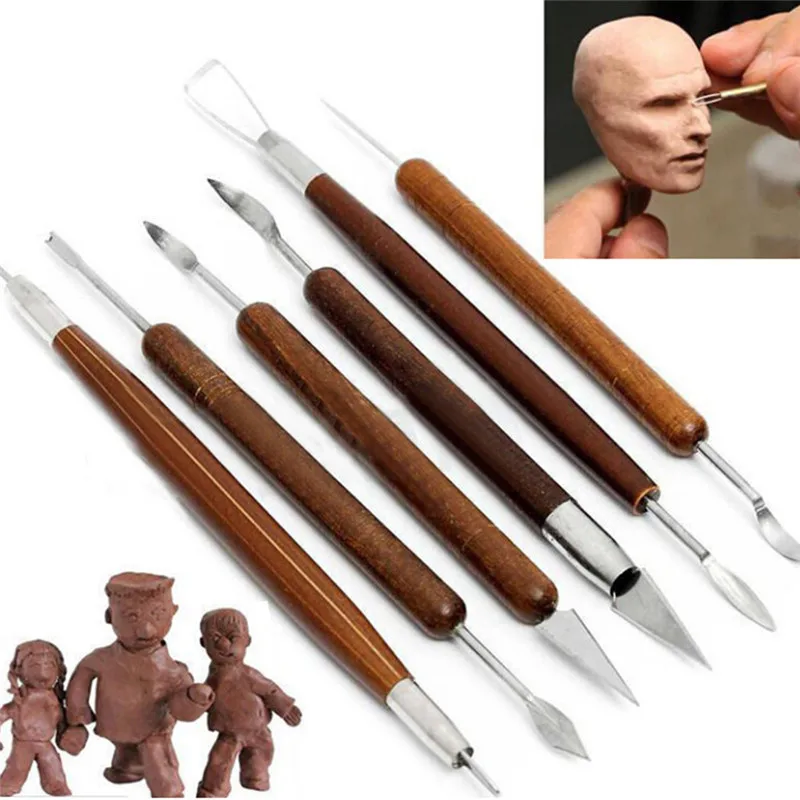 6Pcs/Set Wood +Metal Clay Sculpting Kit Sculpt Smoothing Wax Carving Pottery Ceramic Tools Polymer Shapers Modeling Carved Tool