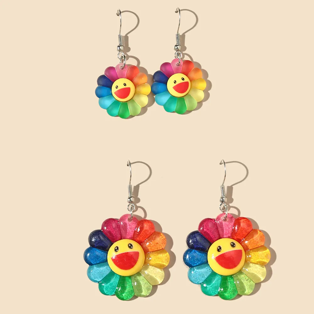 

2 Pair Lovely Colorful Sunflower Drop Earrings Funny Cute Frosted Smiling Face Flower Earring Women Fashion High Quality Jewelry