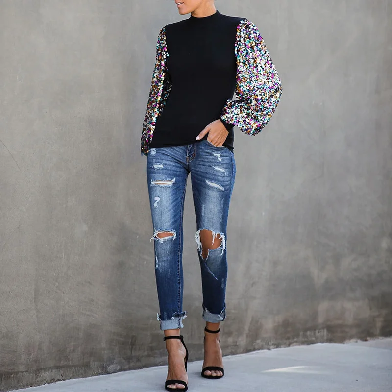 Черная футболка с длинными рукавами топы Осень-зима блестки мозаика