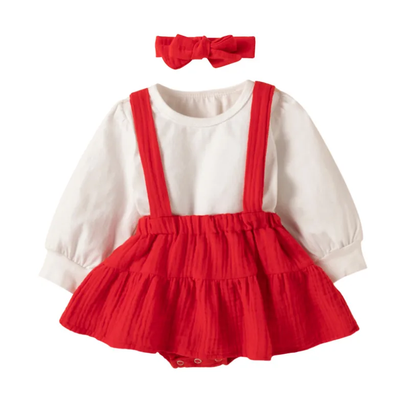

Baby Girls Three-piece Clothes Set, Solid Color Pullover, Suspender Dress and Bow Knot Headdress Spring Autumn