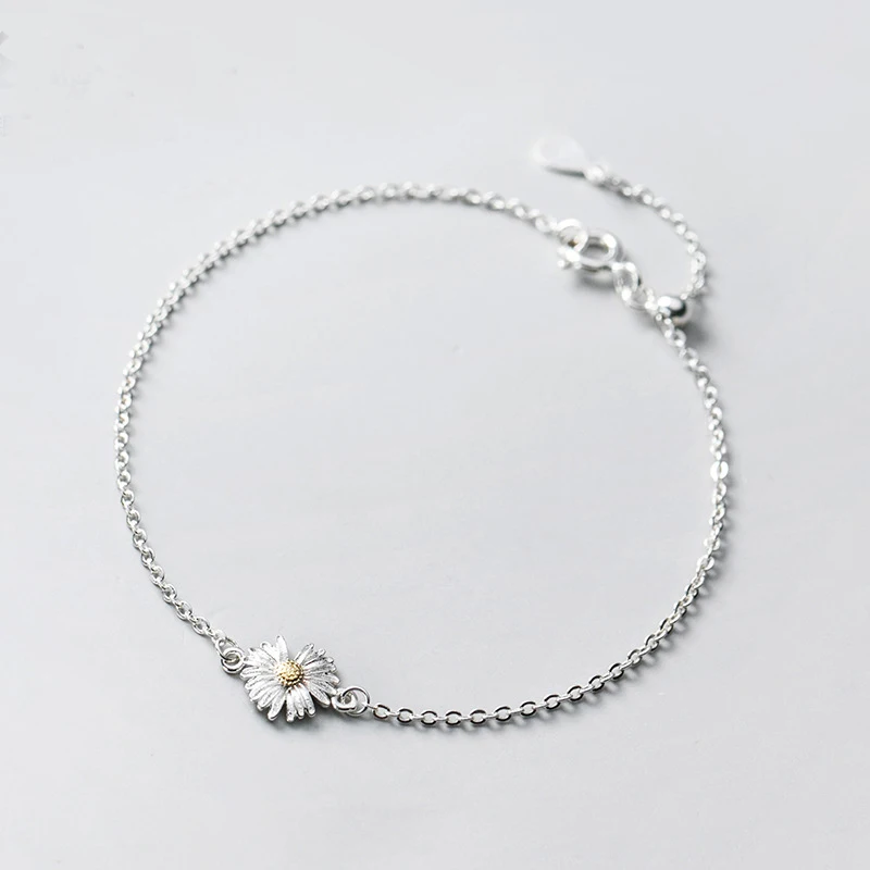 

100% Real 925 Sterling Silver Daisy Bracelet Dainty Flowers Chain Bracelet Adjustable Bracelets for Women Fine Jewelry