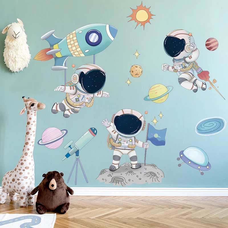 Space Astronaut Wall Stickers for Kids Room Kindergarten Wall Decoration Removable Vinyl PVC Cartoon Wall Decals Home Decor