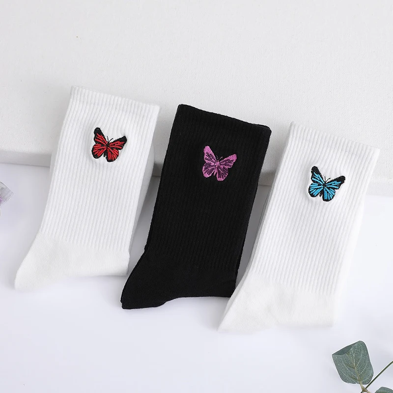 

Women Long Socks With Butterfly Cartoon Embroidery Socks With Print Long Breathable Lady Girls Streetwear Harajuku short Socks
