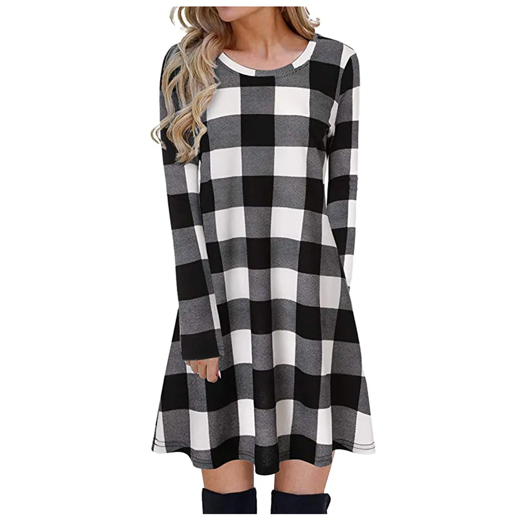 Платье 2019Top Новое Женское клетчатое платье с длинным рукавом джемпер длинными