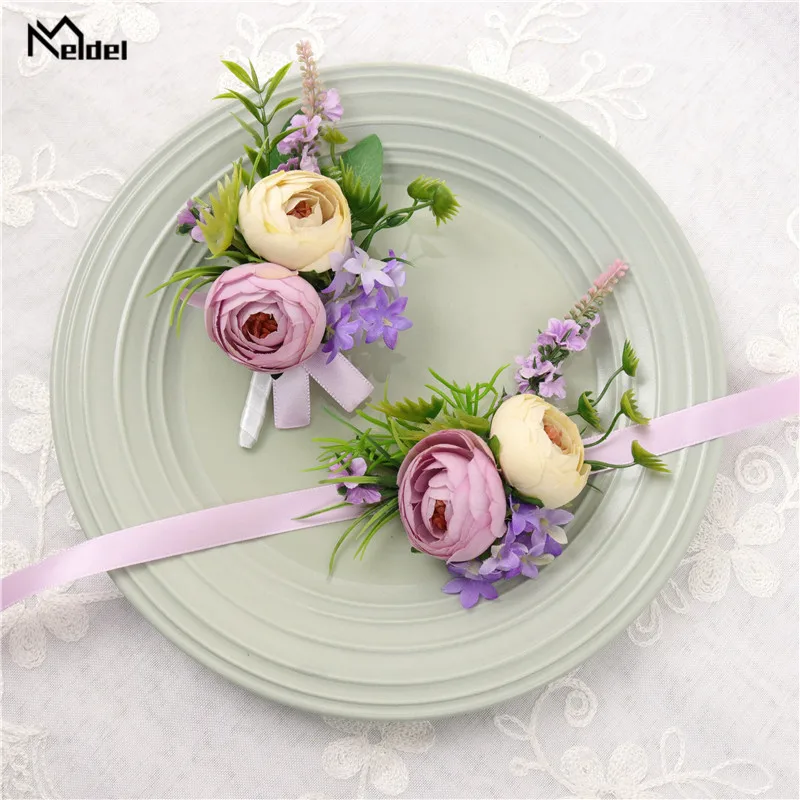 Фиолетовый Шелковый бутоньерка для подружки невесты запястья с цветами |