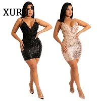 xuru new sexy sequin dress halter strap party nightclub dress stitching polyester mesh dress women