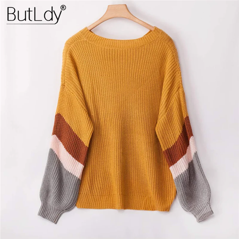 

Stripe Stitching Knitting Sweater Women Lantern Sleeve 2019 Autumn Winter New Style Long Sleeve Loose Pullovers Sweaters Female