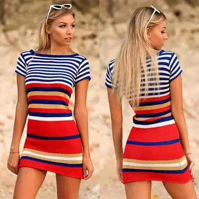 

Women's Harajuku O-Neck Pullover Mini Short Sleeve Dress Sexy Slim Contrast Striped Knit Short Sleeve Dress Office Party Clothes