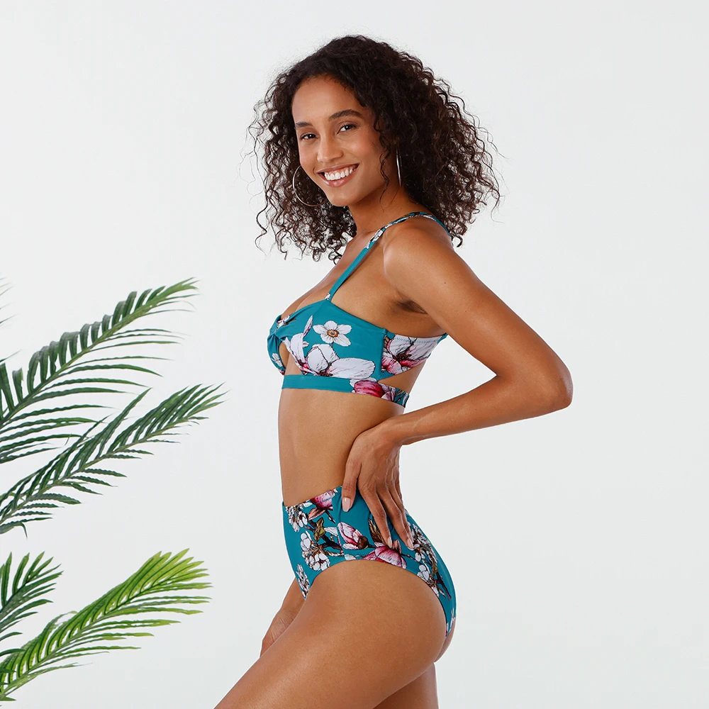 

SEASELFIE Sexy Orange and Floral Twist High-wasit Bikini Sets Swimsuit Two Pieces Swimwear Women 2021 Summer Beach Bathing Suit