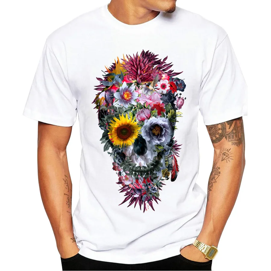 

2020 Men T Shirts Fashion Voodoo Skull Design Short Sleeve Casual Tops Hipster Flower Skull Printed T-Shirt Cool Tee