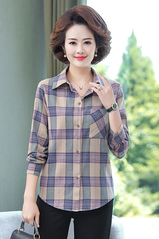 

Plaid Shirt women's long sleeve 2020 autumn new middle aged mom large loose cotton shirt coat