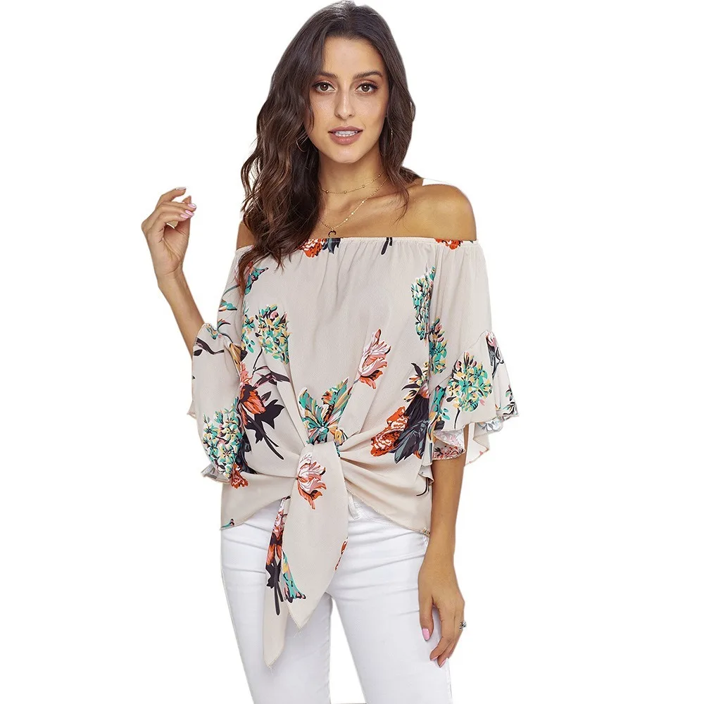 

Sexy Women Blouses Off The Shoulder Flare Sleeve Printted Top Casual Summer Shirts Blusas 2021 Chiffon Female Fashion Blouse