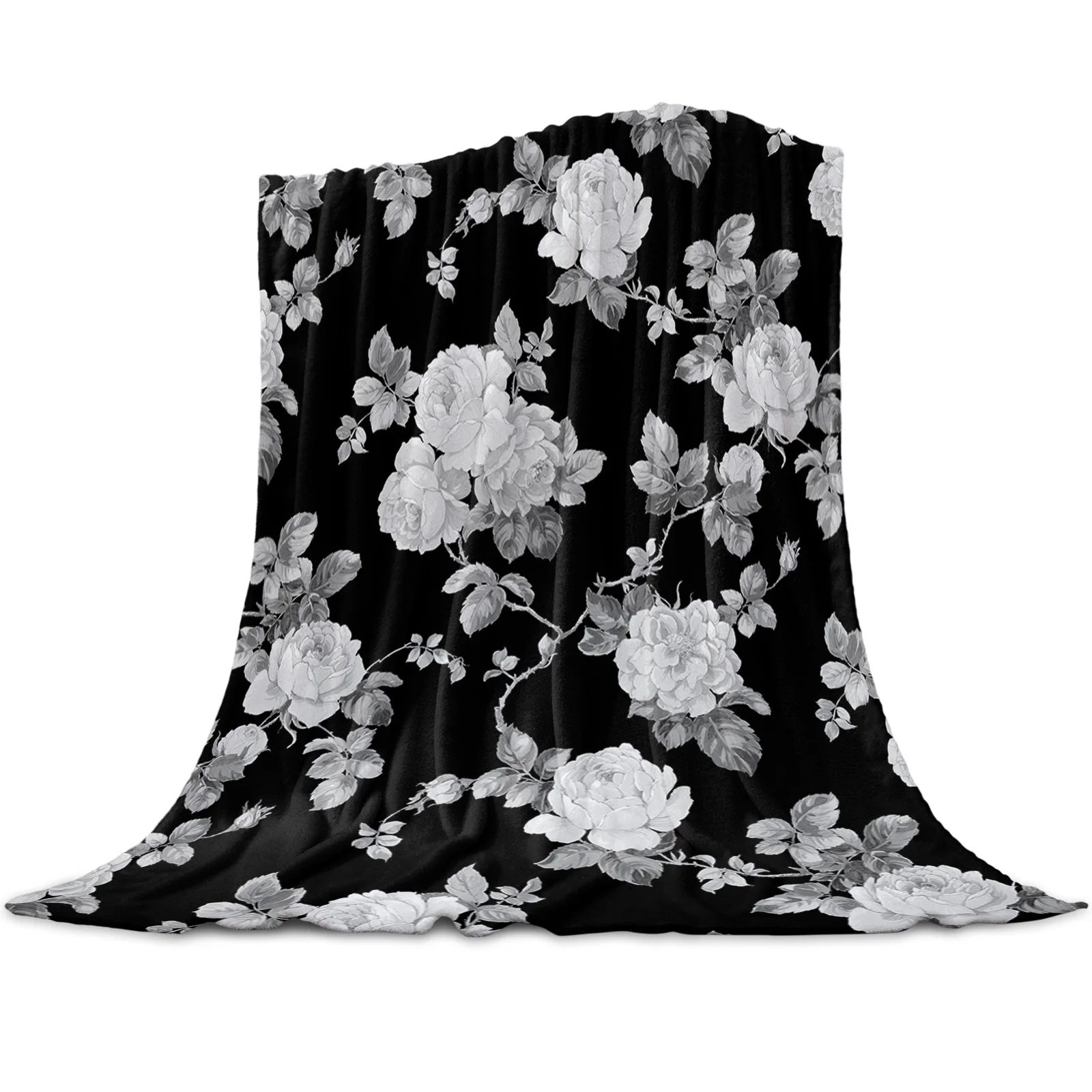 

Black And White Roses Watercolor Flowers Throw Blanket for Sofa Christmas Decor Bedspread Portable Microfiber Flannel Blanket