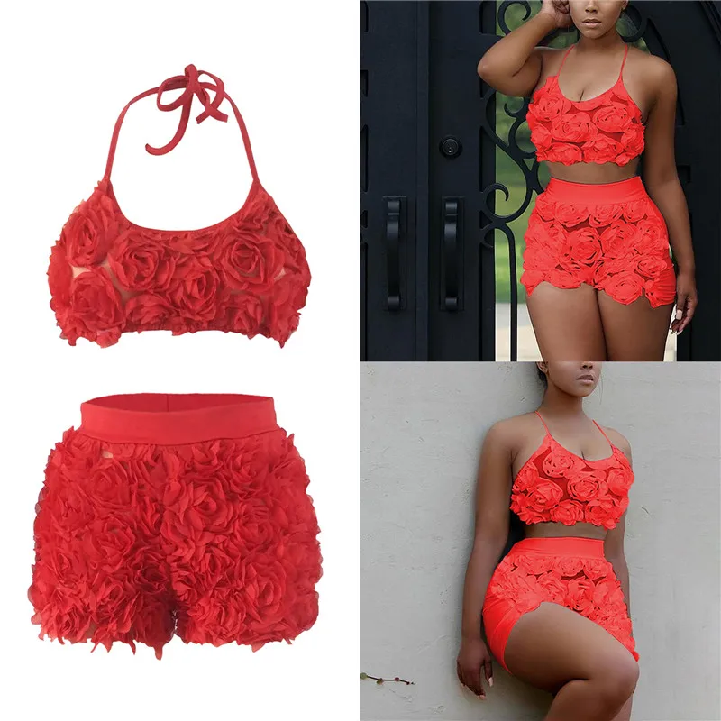 

3D Flower Crop Top and Shorts Women 2 Pieces Set Summer Spaghetti Strap Camis Elastic Waist Shorts Female Loungewear Suit 2021