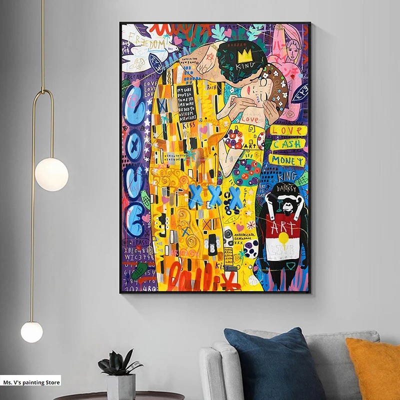 

Banksy Art Graffiti Canvas Painting Klimt Kiss Posters And Prints Pop Street Wall Art Picture Modern Living Room Home Decoration