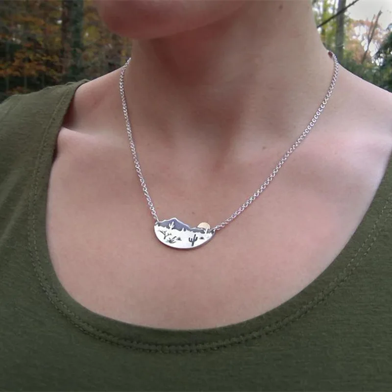 

New Mountain Corolla Cactus Pendant Necklace Silver Color Ancient Irregular Three Dimensional Semicircular For Women