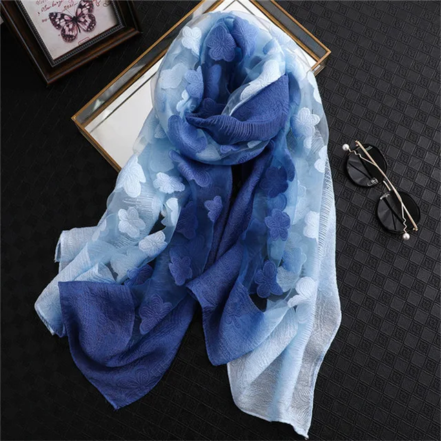

New Fashion Women Cut Flowers Hollow Lace Gradient Silk Scarf Spring Autumn Winter Shawls and Wraps Towel Femme Beach Pashmina