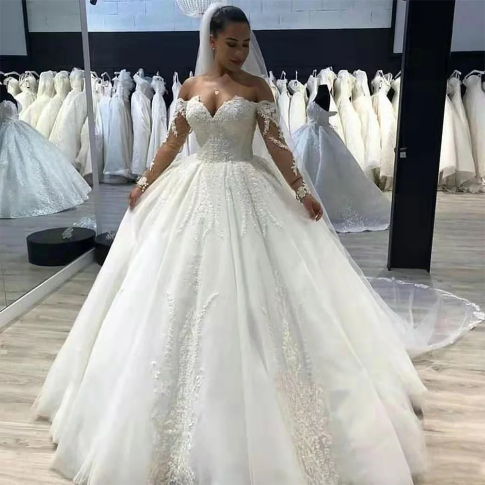 

Luxury Lace Applique Wedding Dresses 2021Off Shoudler Ball Gown Sweetheart Neck Backless Bridal Gown Customize robe de soirée