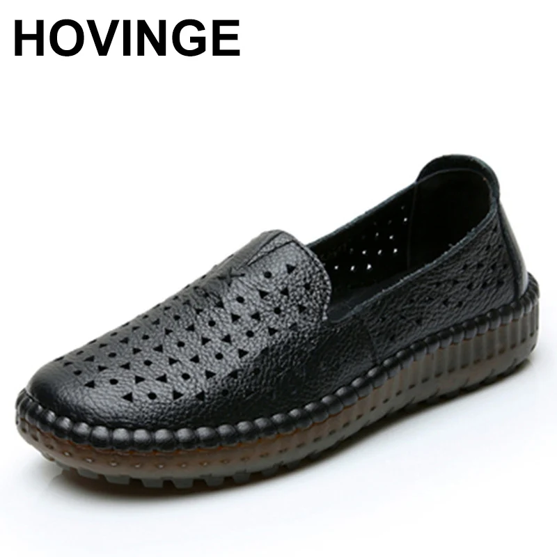 

HOVINGE Hollow out single shoes 2021 summer women's shoes flat sole real leather shoes soft sole Doudou shoes casual mom's hole
