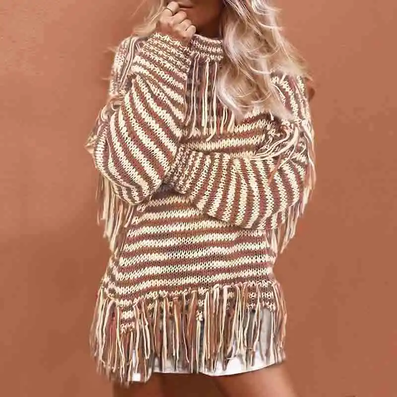 Богемный Вдохновленный вязаный свитер с бахромой подол водолазка Повседневные