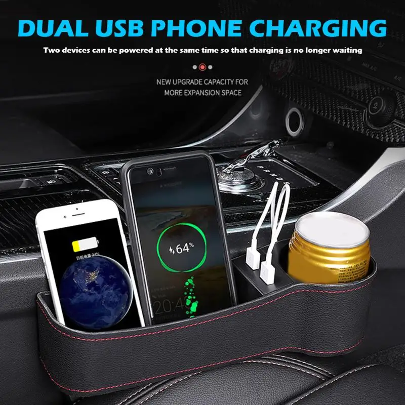 

Universal Car Storage Console Seat Gap Organizer Cup Holder Auto Seat Side Slit Pocket Storage Box With Dual USB Charger Ports