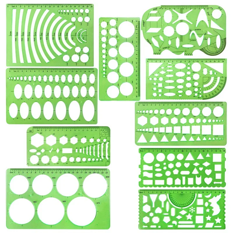 

10 Pcs Green Plastic Drawings Templates Measuring Templates Geometric Rulers for School and Office Supplies