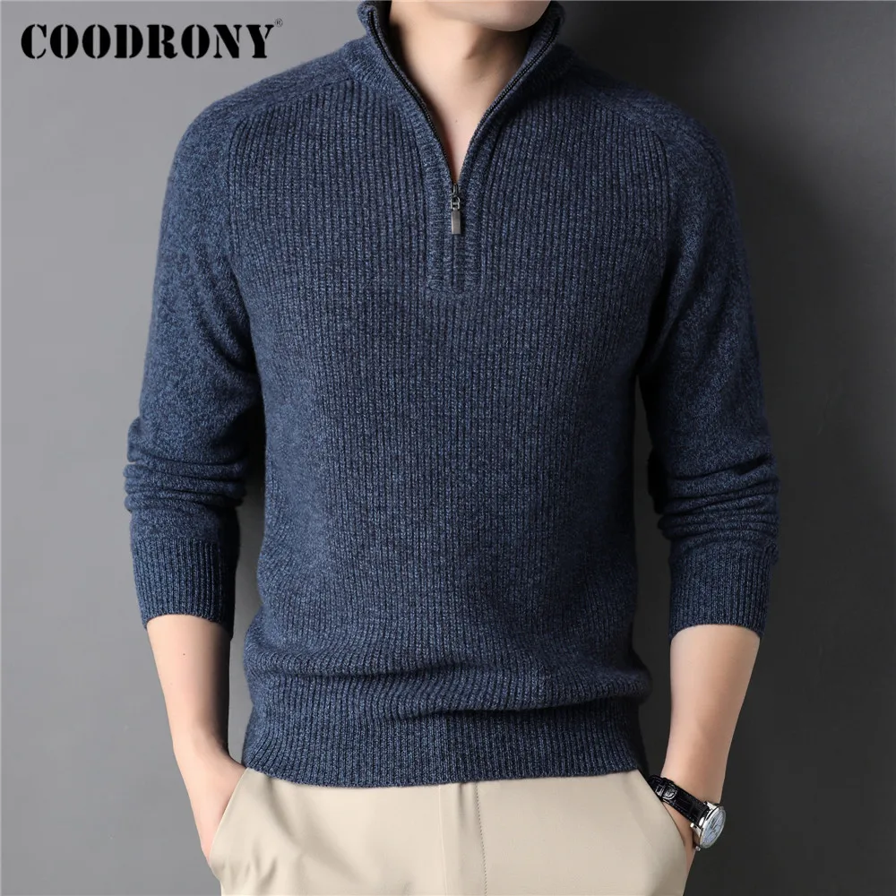 COODRONY Winter Fashion Zipper Turtleneck Sweater Men Clothing Thick Warm Knitwear 100% Merino Wool Cashmere Pullover Male C3150