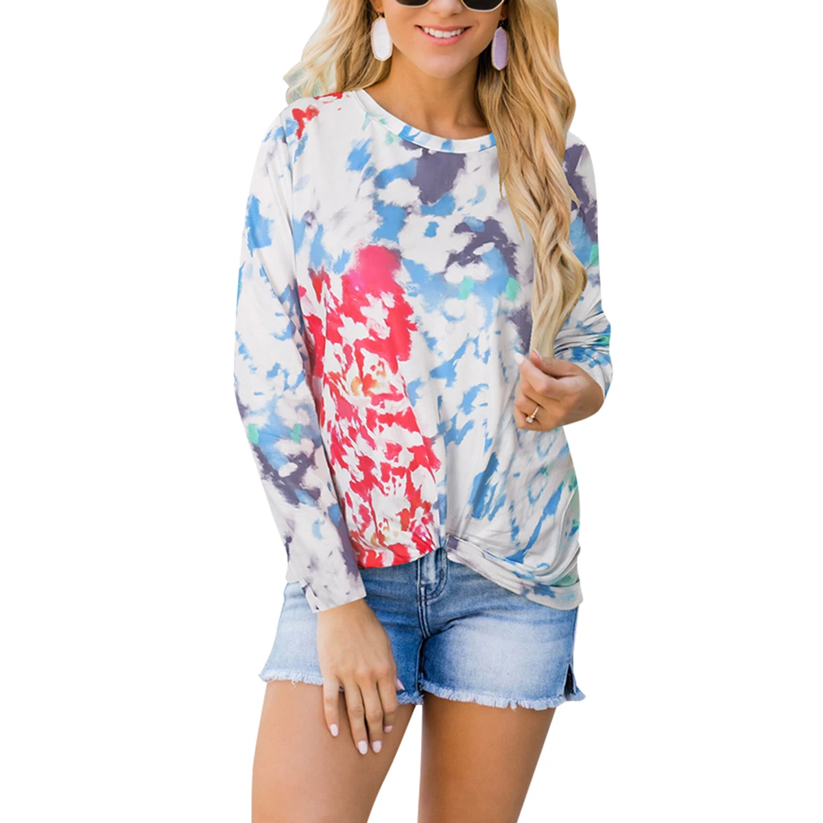 

2020 Woman\u00b4s Fashionable Tie-dye Print Loose Casual Pullover Tops Round Neck Long Sleeve Hoody Base Daily Life T-shirts
