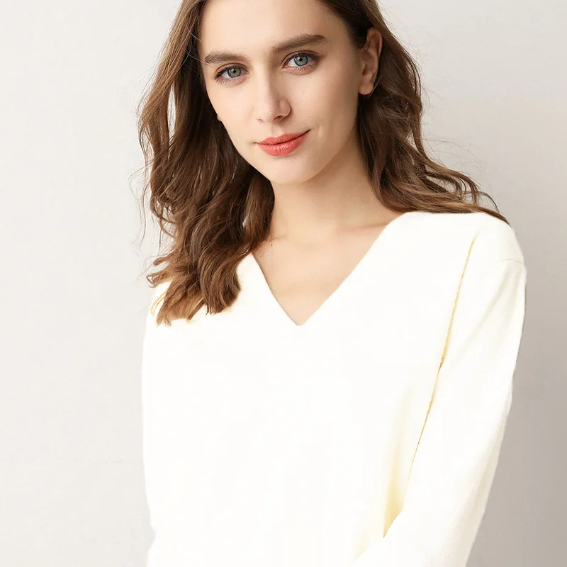 Женский вязаный пуловер однотонный свободный свитер с v-образным вырезом и