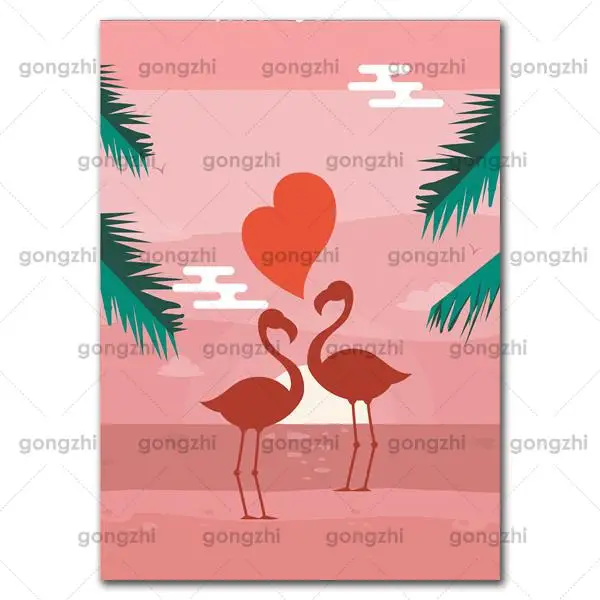 

Abstract Pink Landscape Flamingos Couple Love Home Warm Frameless Decorative Poster Waterproof Printing Anti-Fading Painting